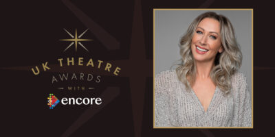 Text reads: UK Theatre Awards with Encore. Image shows: Person smiling with blonde curly hair and a sparkly silver top.