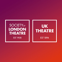 white square boxes with society of london theatre and uk theatre written inside