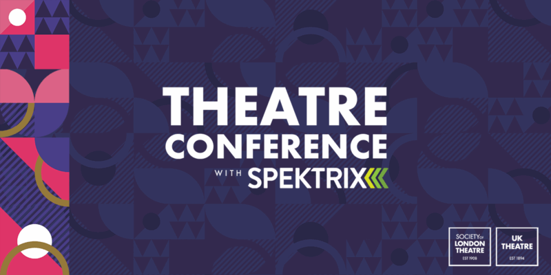 Theatre Conference with Spektrix logo on a patterned navy background with hints of pink and gold.
