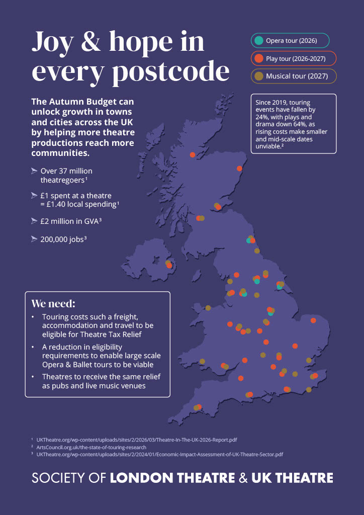 Infographic map of the UK showing touring theatre productions and calling for support for touring costs, tax relief and regional theatres.